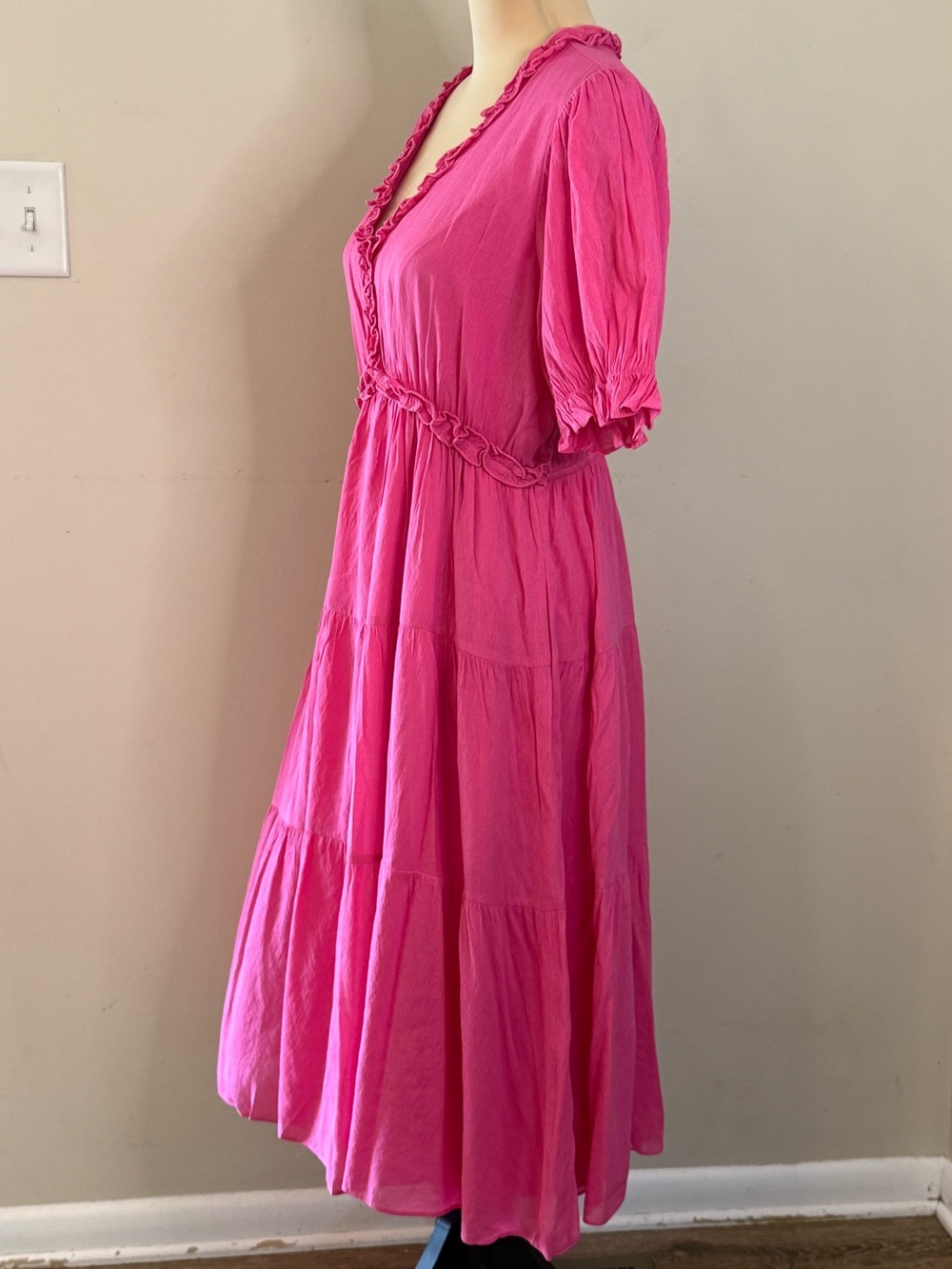 Jodifl pink ruffled tiered midi dress short sleeves SZ LG - Picture 3 of 15
